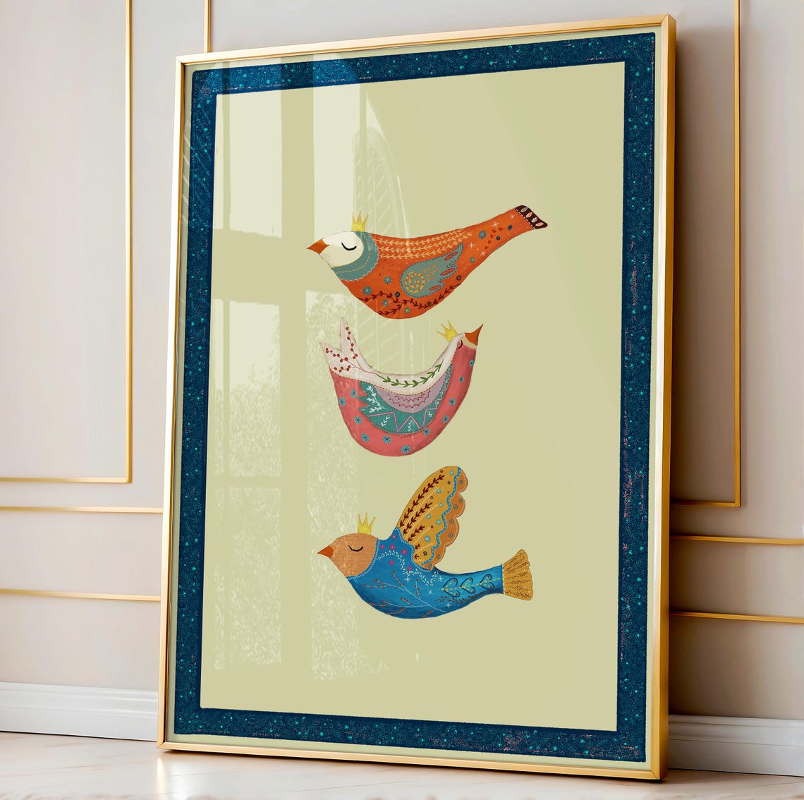 Three Colorful Crowned Birds Vertical Trio Folk Nursery Poster - Image 3