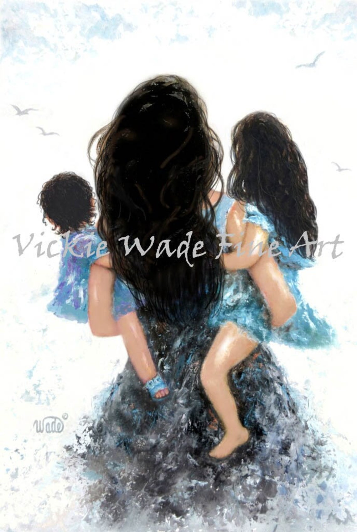 Dark Haired Mother Carrying Two Little Girls Seaside Art Poster