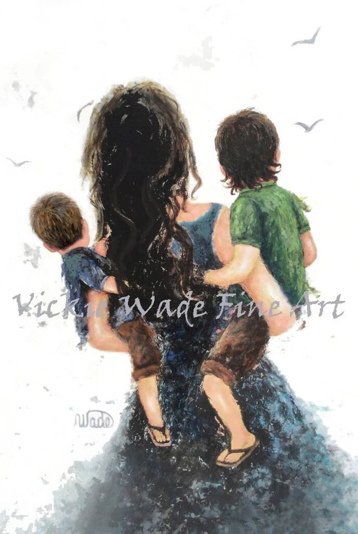 Long-Haired Mother Carrying Her Two Young Sons on Her Hips Poster