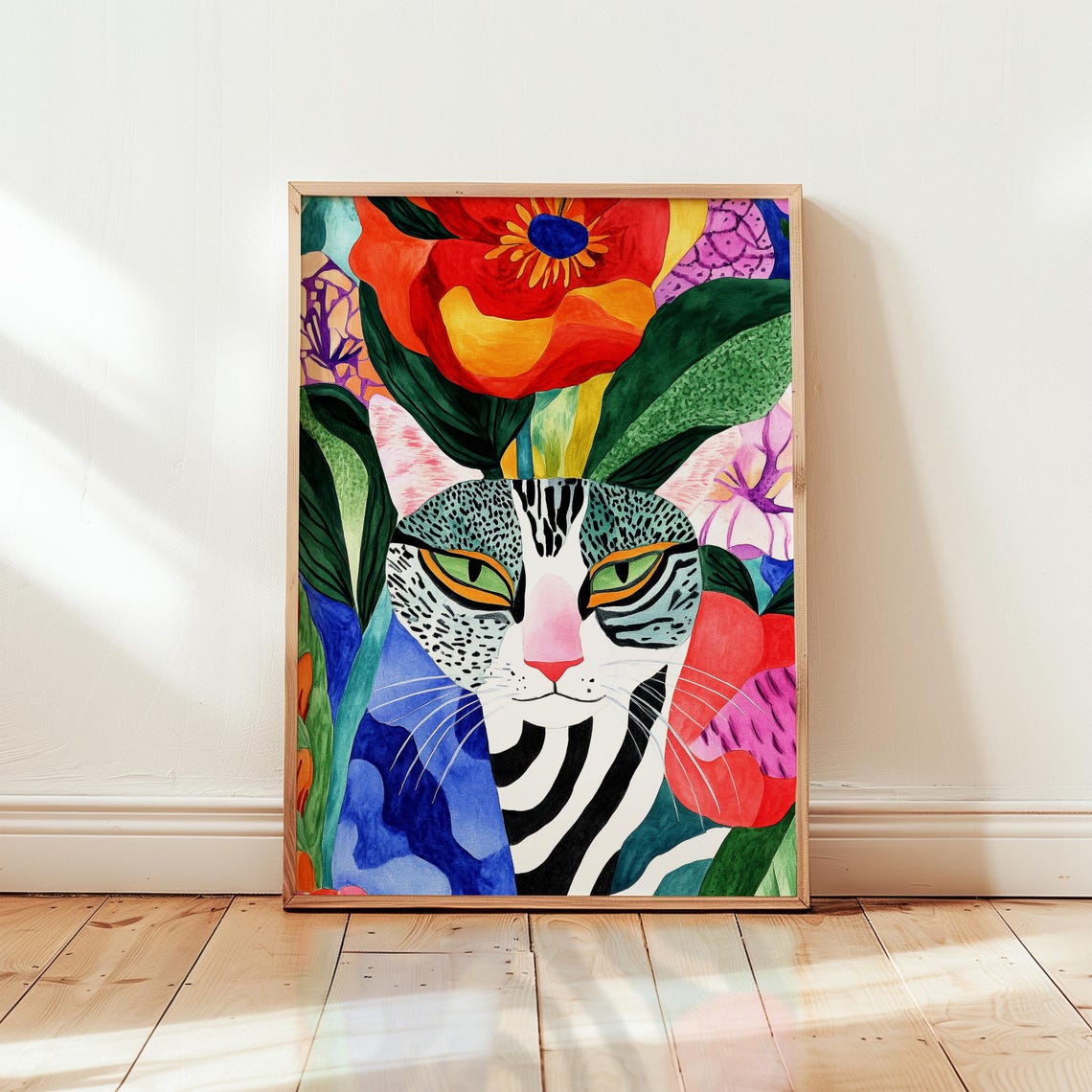 Striped Cat In Colorful Floral Jungle Bold Patterned Animal Art Dopamine Decor Whimsical For Cat Lovers