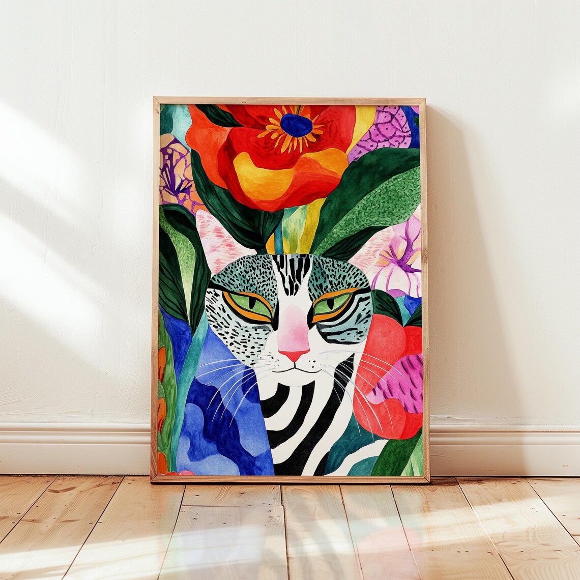 Tabby Cat Face Peeking Among Colorful Flowers Whimsical Art Poster