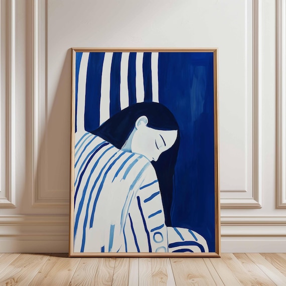 Dreamy Woman Portrait In Blue Tones Minimalist Calm Art Feminine Contemplative Wall Decor