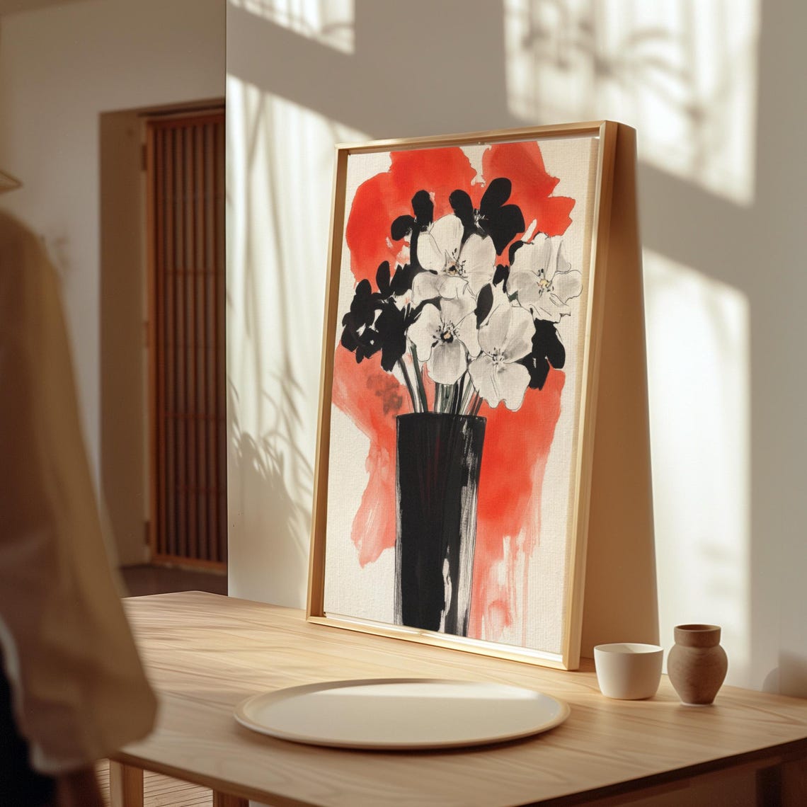Bold Black And White Floral Bouquet Red Accent Botanical Art Print Modern Expressive Wall Art - Image 3