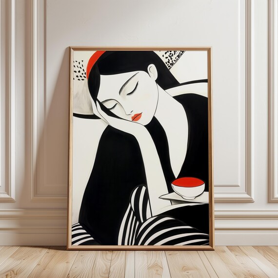 Black White Woman Portrait With Red Accents And Teacup Poster