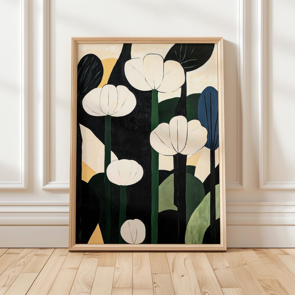 Modern White Floral Garden Dark Green Stems Bold Botanical Poster
