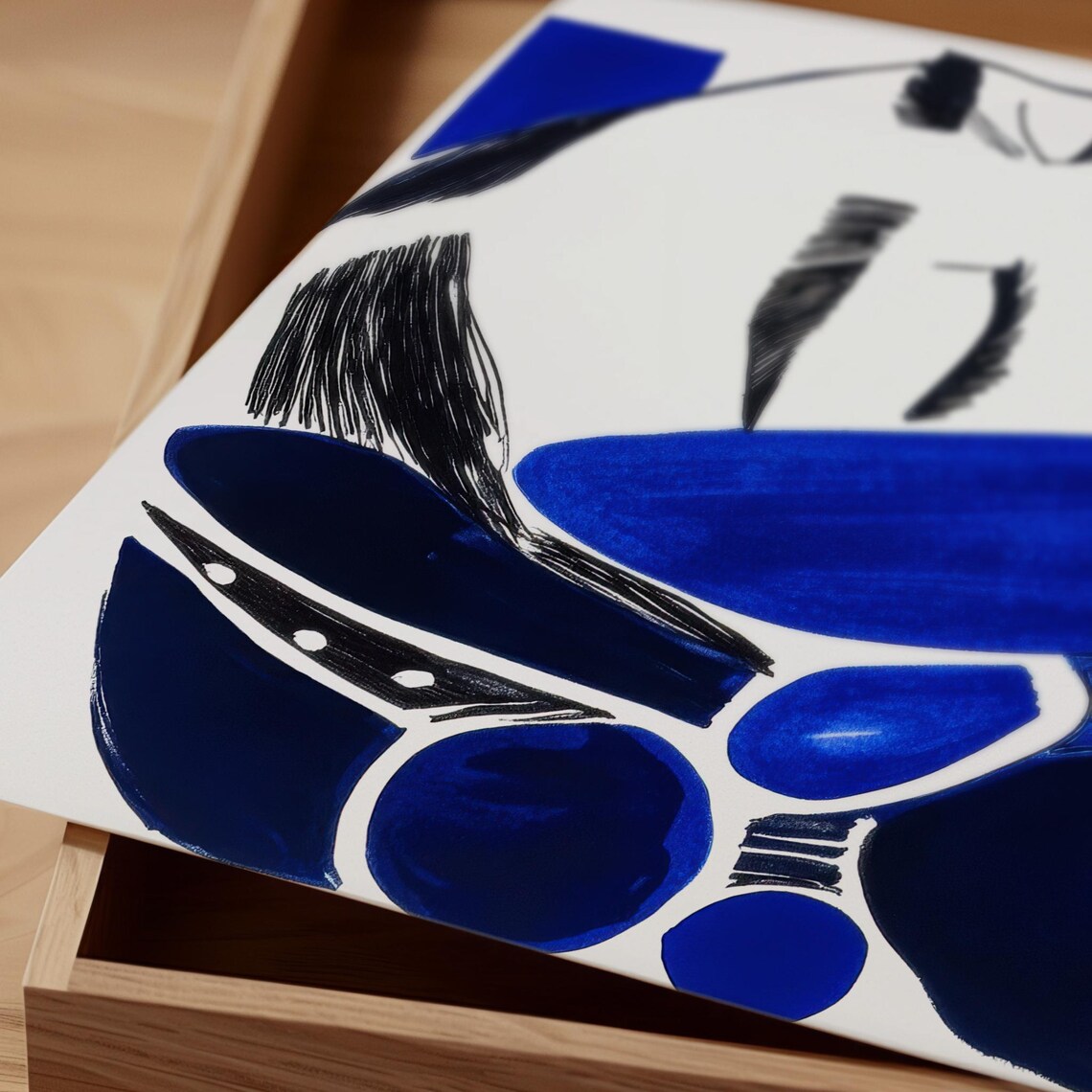 Cobalt Blue Abstract Woman Face With Blue Leaf Shapes Poster - Image 3