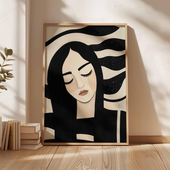 Starry Woman Portrait Minimalist Dreamy Neutral Tones Art Celestial Feminine Wall Decor