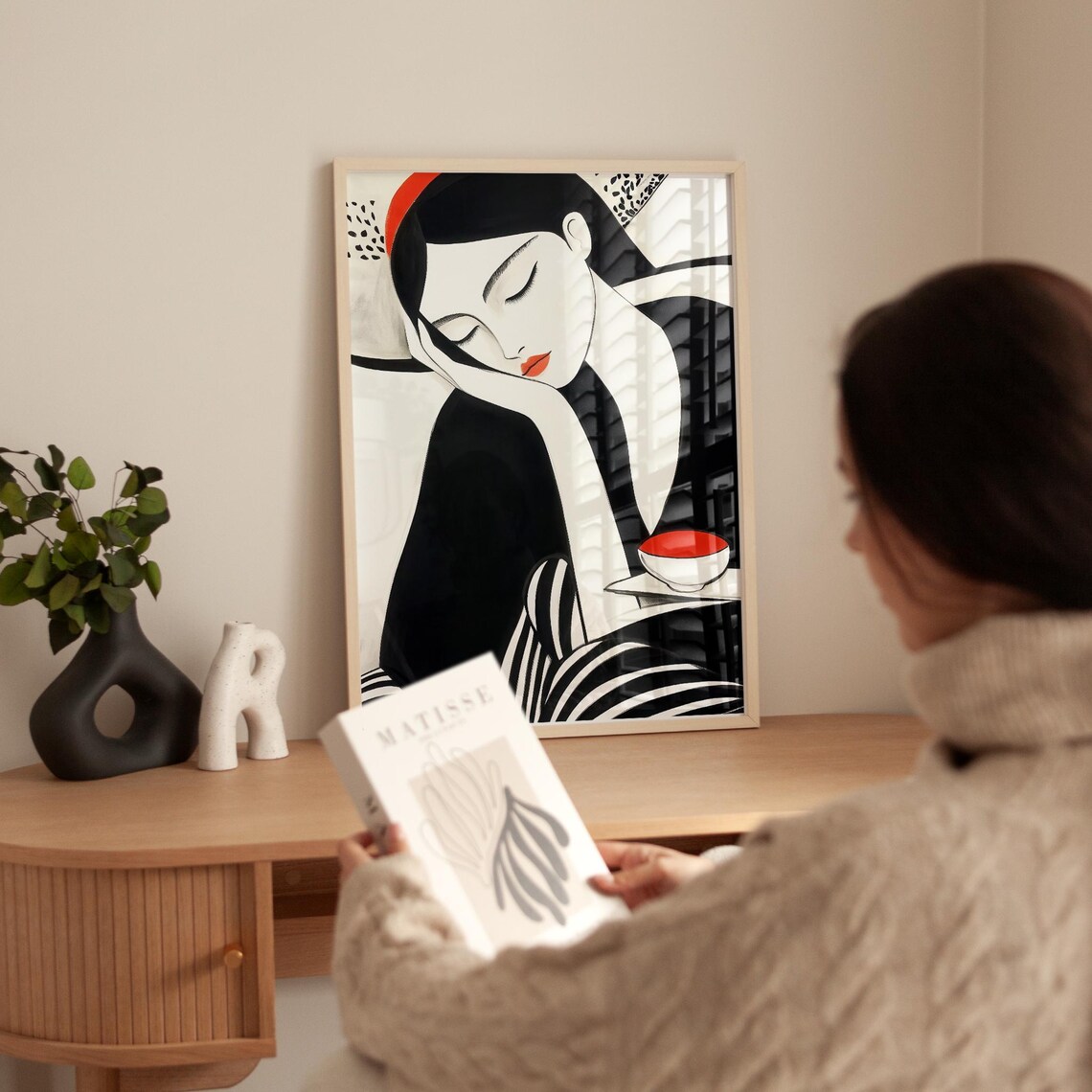 Black White Woman Portrait With Red Accents And Teacup Poster - Image 2