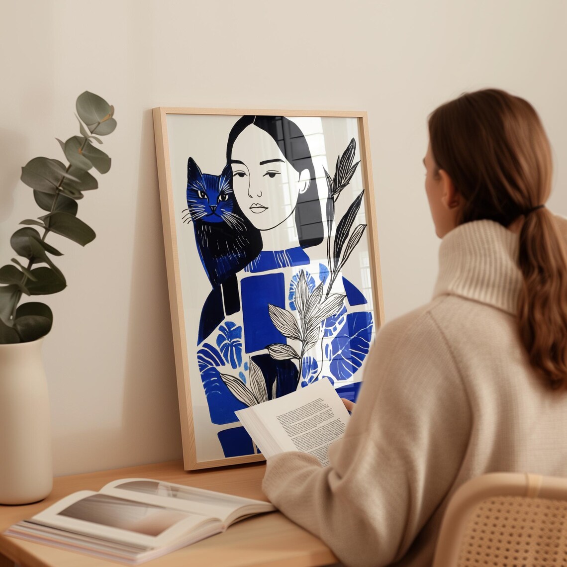 Woman With Indigo Cat and Botanical Leaves Modern Art Poster - Image 3