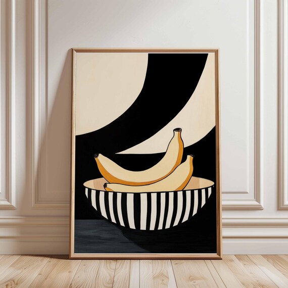 Striped Bowl With Bananas Black And White Kitchen Art Poster