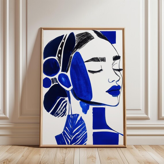 Cobalt Blue Abstract Woman Face With Blue Leaf Shapes Poster