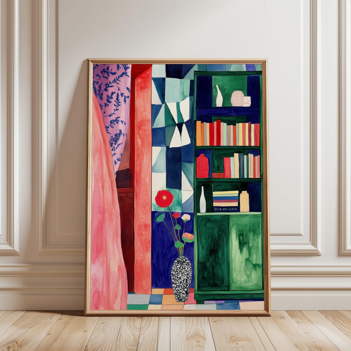 Colorful Bookshelf Interior Flowers Matisse Style Art Poster