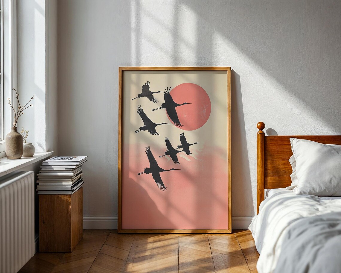 Crane Flock Silhouette Red Sun Japanese Japandi Style Art Poster