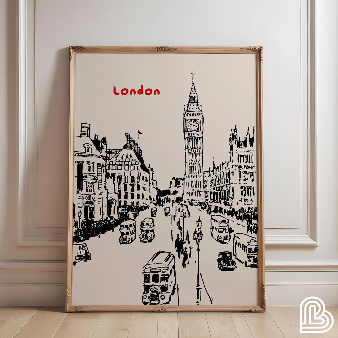 London Big Ben Sketch Travel Poster Hand Drawn Black Ink Skyline Art