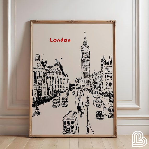 London Big Ben Sketch Travel Poster Hand Drawn Black Ink Skyline Art