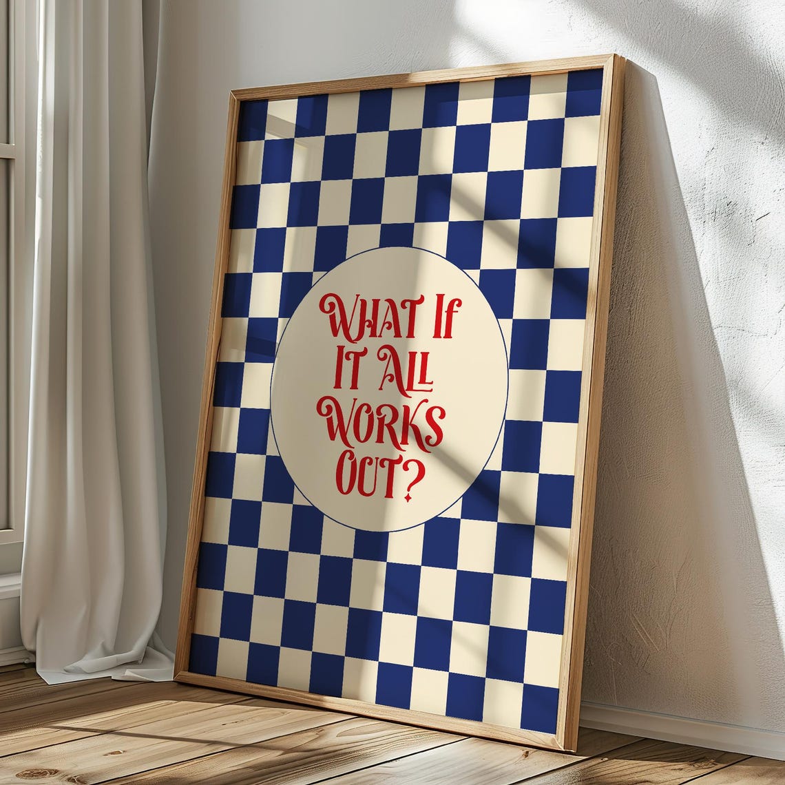 What If It All Works Out Checkered Blue Retro Quote Style Poster