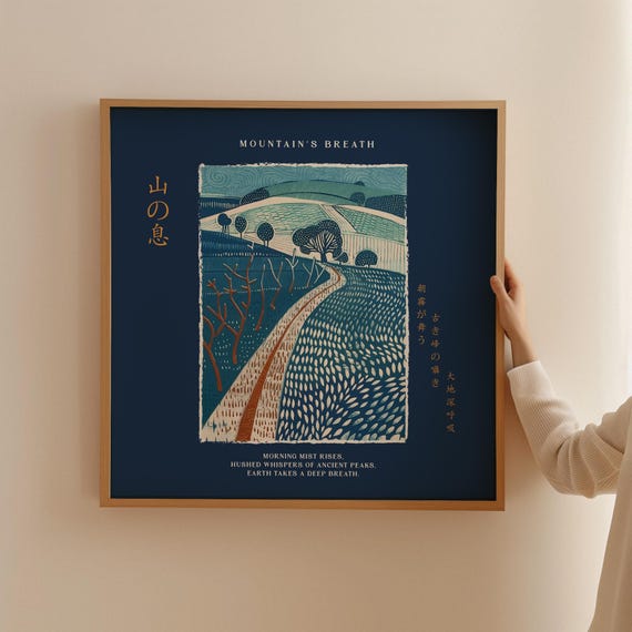 Mountain Landscape Art Print Hillside Linocut Poster Morning Mist Japanese Calligraphy Wall Decor Calm Nature Art Square Poster
