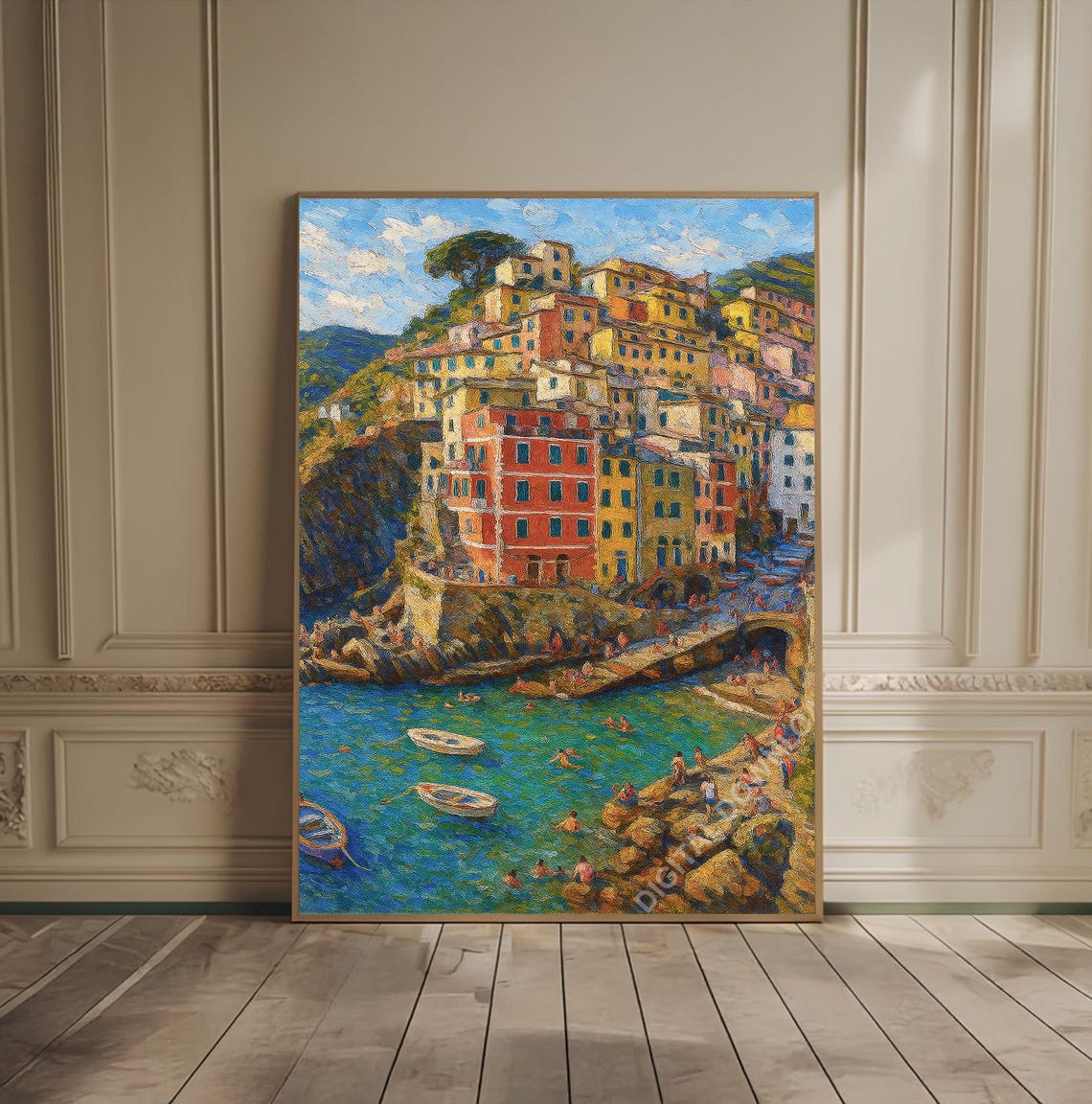 Sunny Italian Coastal Village Harbor Boats Impressionist Art Poster