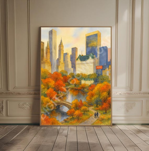 Cozy New York City Print Fall Nyc Wall Art Landmarks Travel Autumn Watercolor Painting Moody