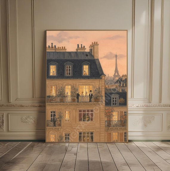 Parisian Balcony Party at Sunset with Eiffel Tower Romantic Art Poster