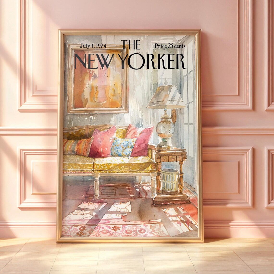 The New Yorker July 1974 Cozy Watercolor Living Room Interior Art Poster