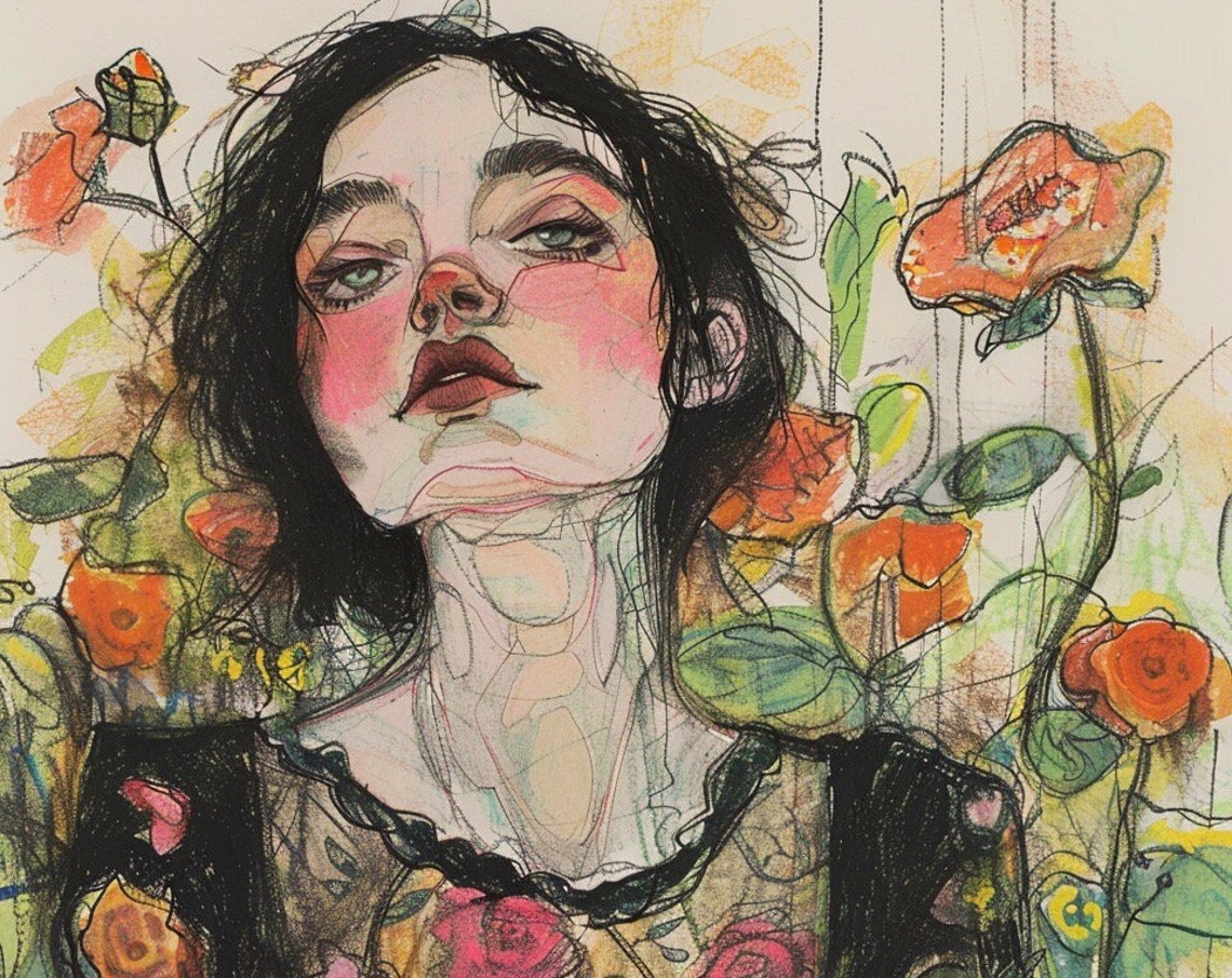 Sunday Afternoon Secret Garden Series Print Whimsical Portrait Art Fashion Sketch Flower Lady Botanical Portrait Art