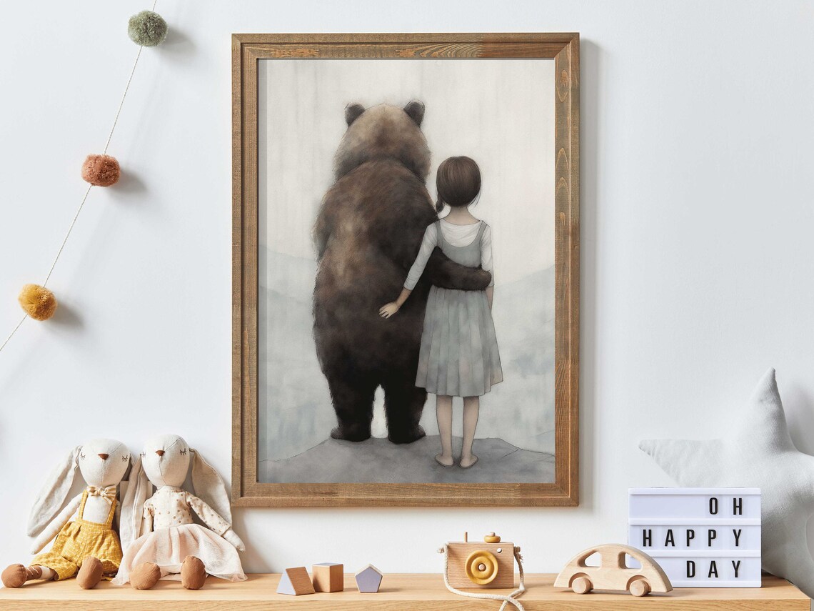 Little Girl and Brown Bear Friends Woodland Forest Nursery Poster