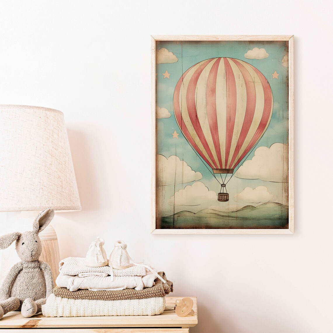 Vintage Red Striped Hot Air Balloon Poster Starry Nursery Adventure - Image 2