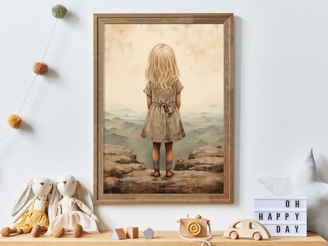 Little Blonde Girl Gazing Over Misty Mountains Adventure Nursery Poster