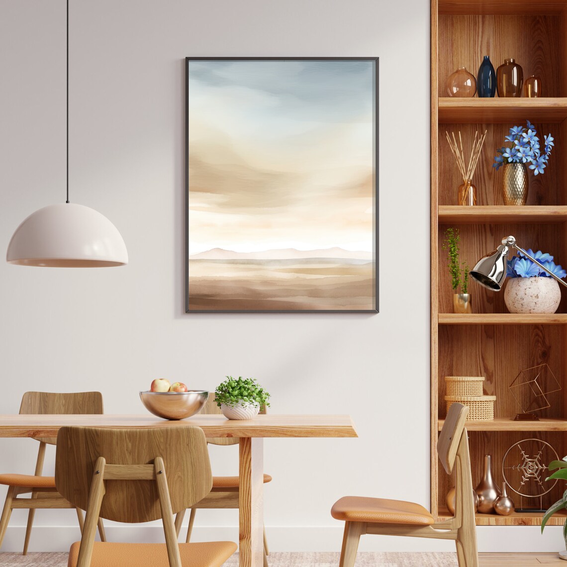 Abstract Desert Horizon in Blue Beige Brown Watercolor Poster - Image 2