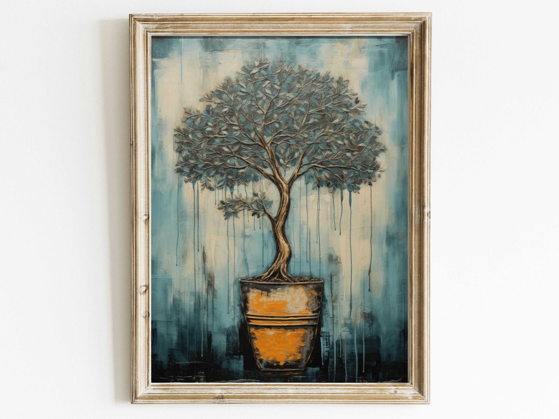 Sculptural Potted Bonsai Tree in Orange Pot Blue Abstract Poster