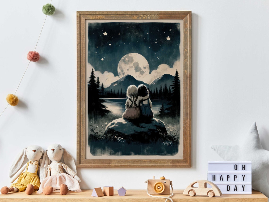 Sister Room Print Sister Painting Magical Nursery Art Adventure Toddler Art Girl Moon Stars Nursery Art Stargazing Wall Art