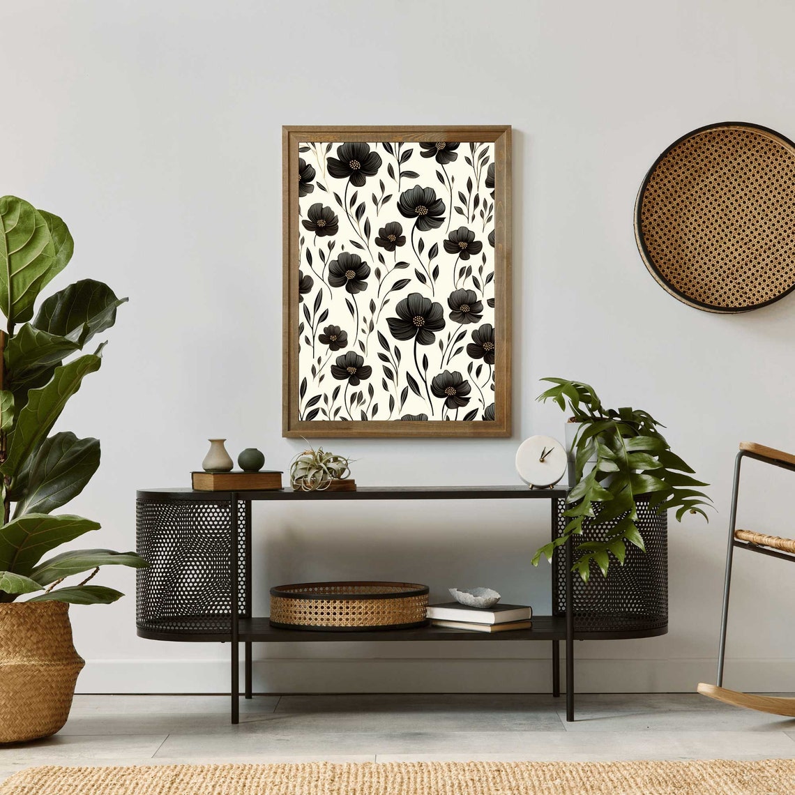 Large Black Flower Botanical Pattern Modern Farmhouse Wall Poster