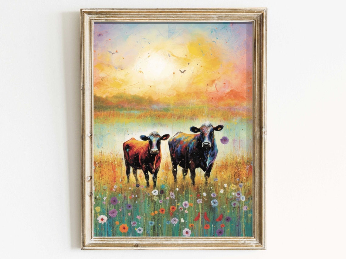 Two Cows in Sunset Wildflower Meadow Poster Colorful Farm Animal Art