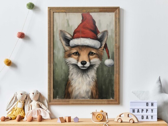 Red Fox in Snowy Christmas Forest Vintage Kids Holiday Poster