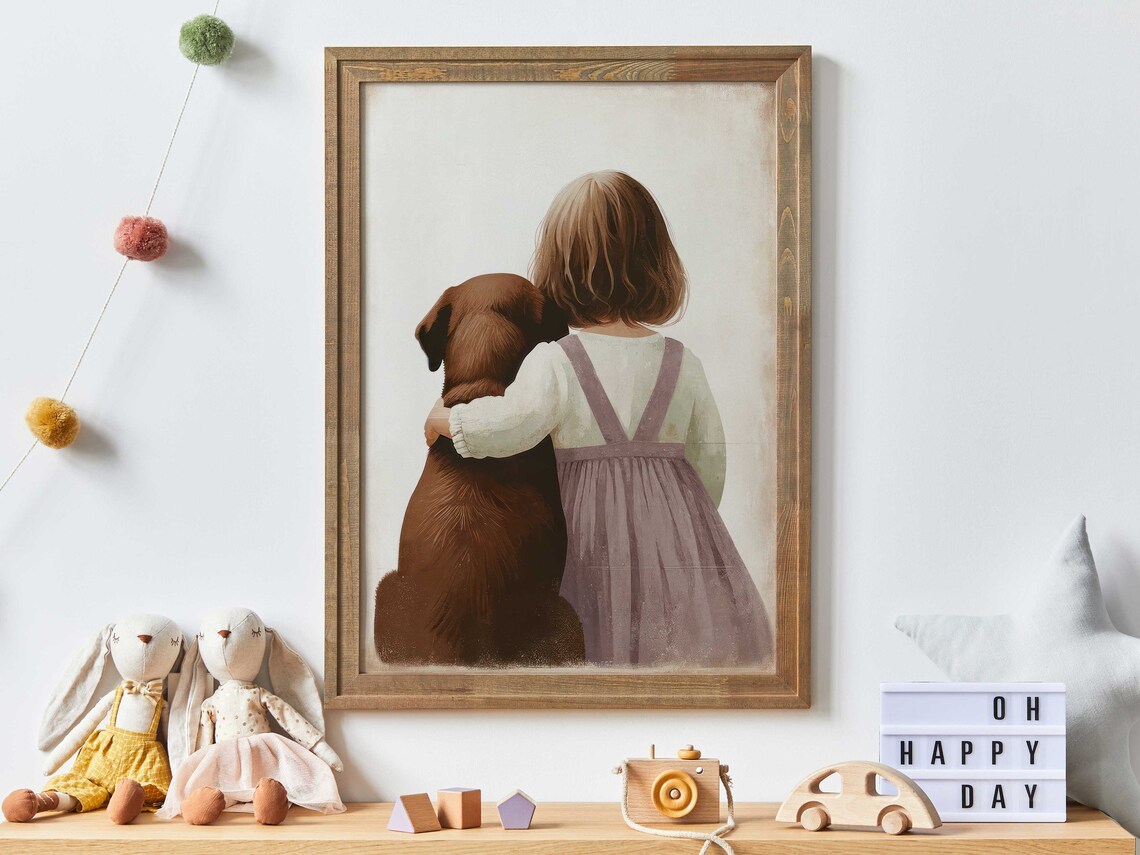 Sweet Little Girl Hugging a Chocolate Brown Labrador Puppy Poster