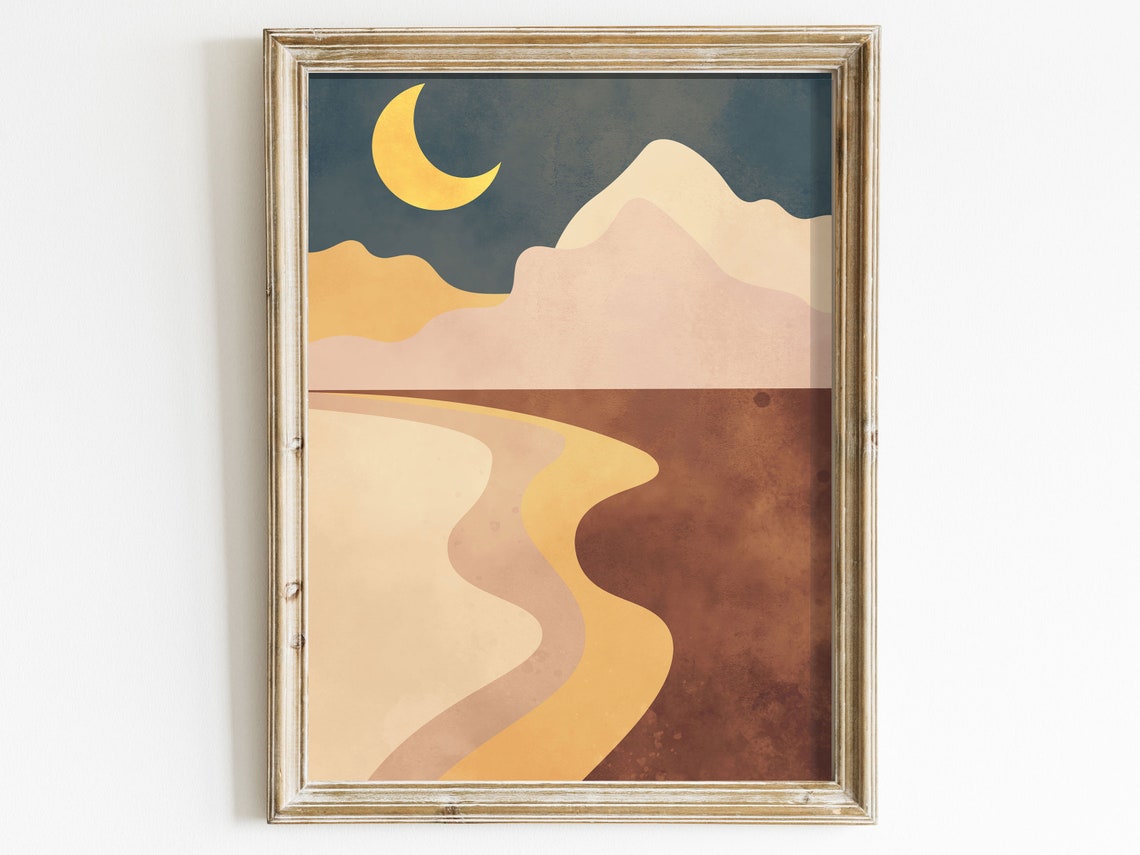 Boho Golden Crescent Moon Over Warm Desert Dunes Abstract Poster