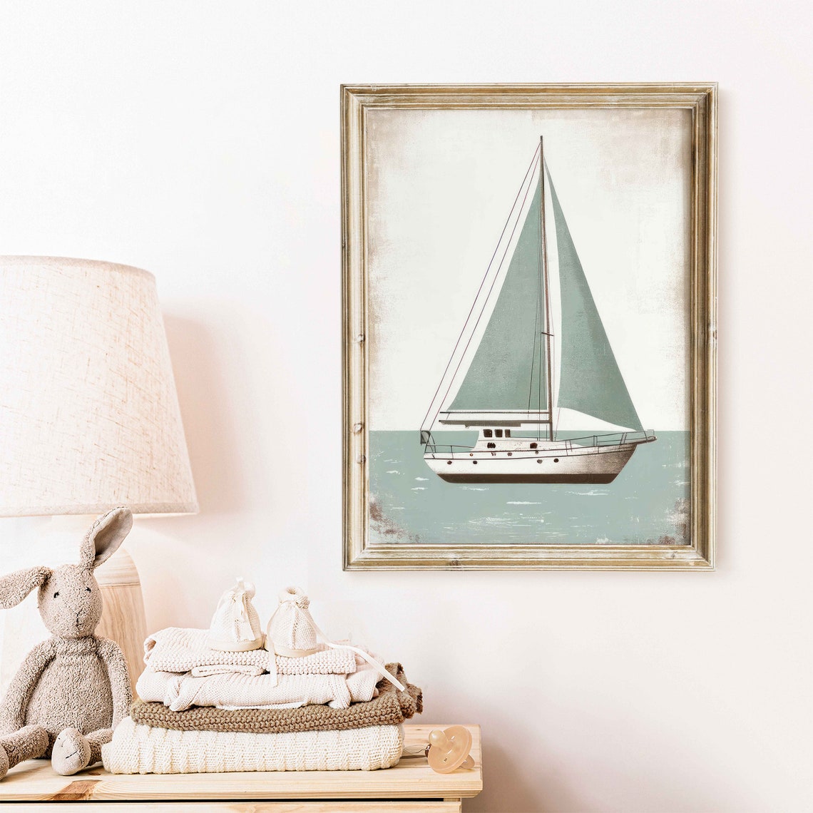 Vintage Sailboat With Sage Green Sails Minimalist Nautical Poster - Image 2