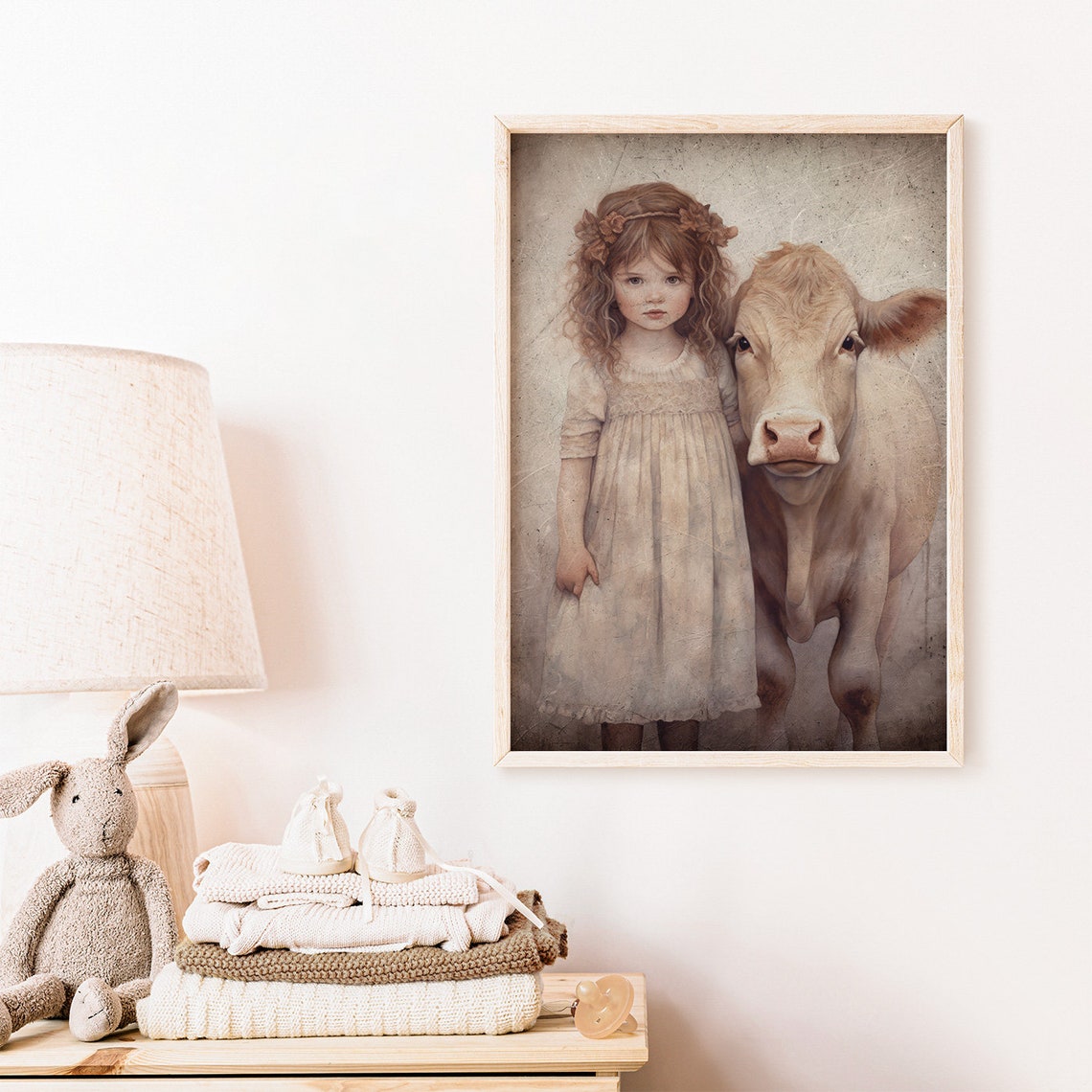 Vintage Farm Animal Wall Art Little Girl With Cow Girls Room Print Farmhouse Nursery Art Rustic Nursery Decor Art - Image 2