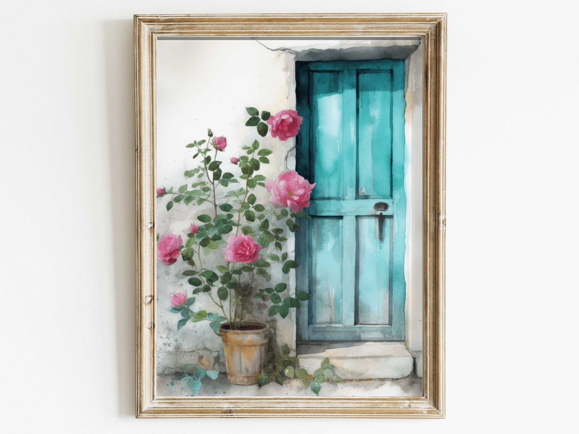 Turquoise Door with Pink Climbing Roses Watercolor Art Poster