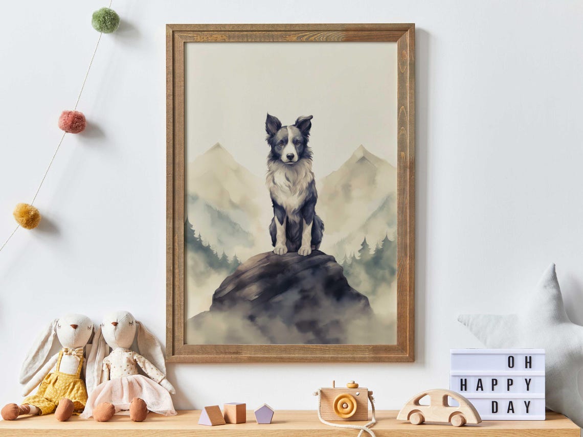 Border Collie Sitting on a Rock with Mountain View Nursery Art Poster