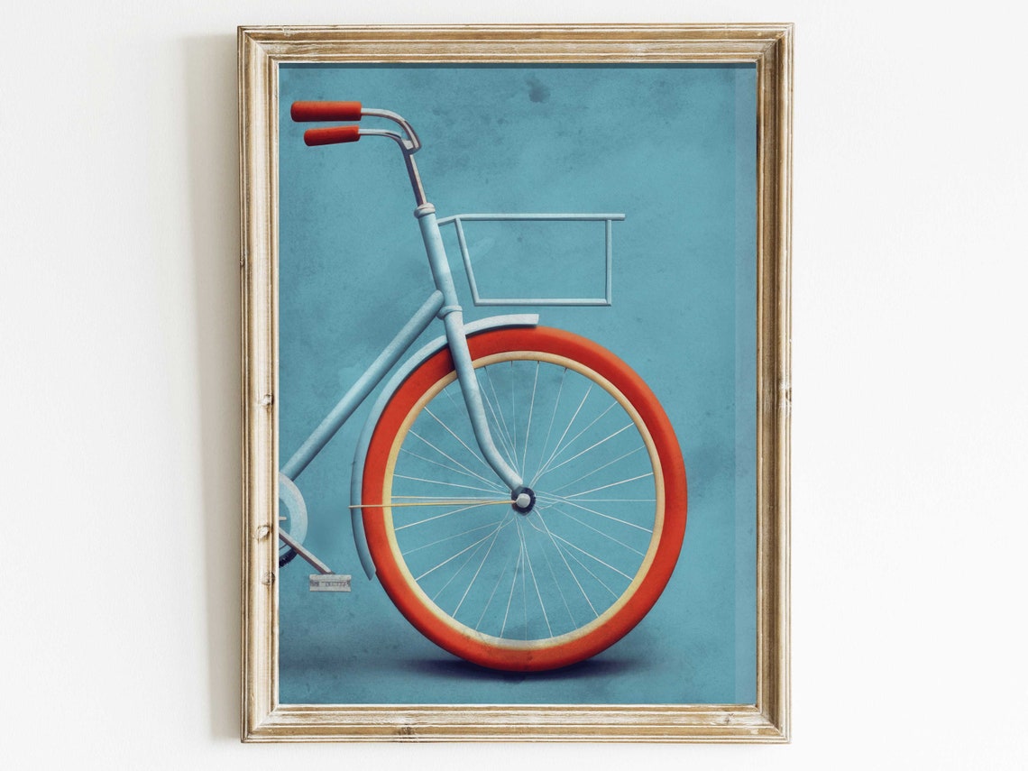 Vintage Blue Bicycle with an Orange Tire on a Teal Backdrop Poster