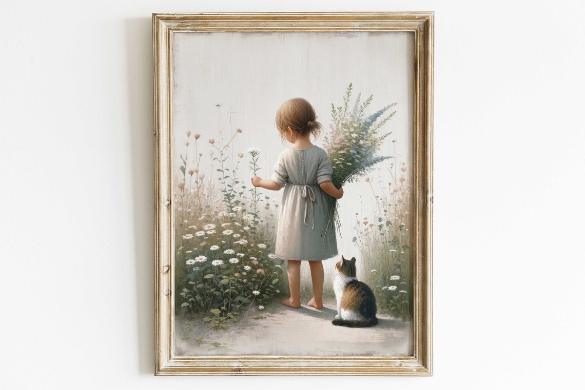 Girl And Cat Wildflower Nursery Decor Girly Wall Art Print Girl Room Decor Floral Nursery Decor Cat Nursery Artprintable Girl Wall Art