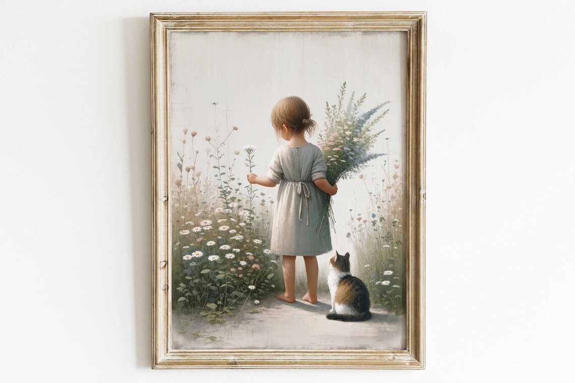 Little Girl Holding Wildflower Bouquet Beside Calico Cat Poster