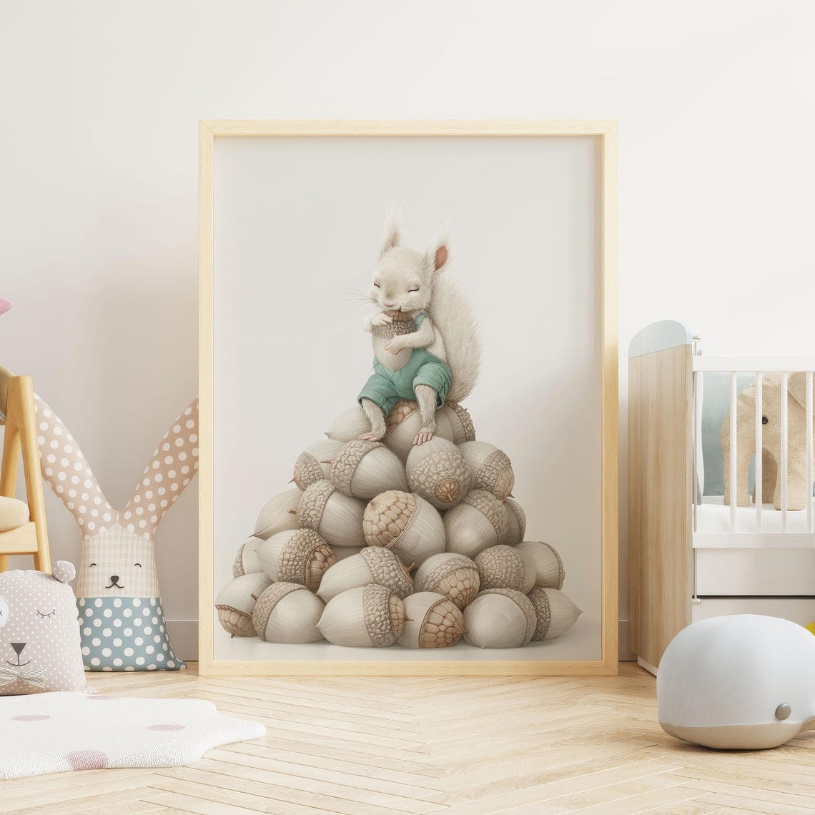 Whimsical White Squirrel in Teal Overalls Atop a Big Acorn Pile Poster - Image 2