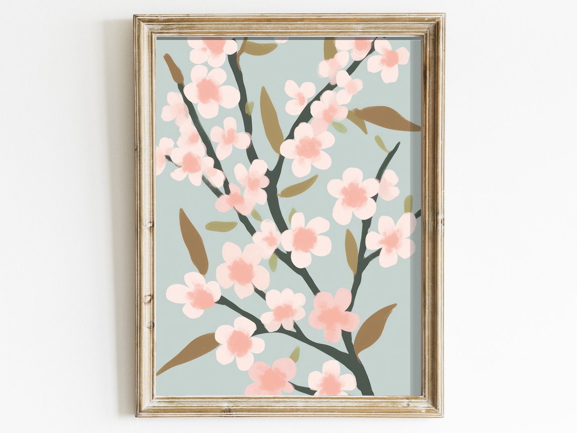 Soft Pink Cherry Blossom Branches On Dusty Blue Botanical Poster