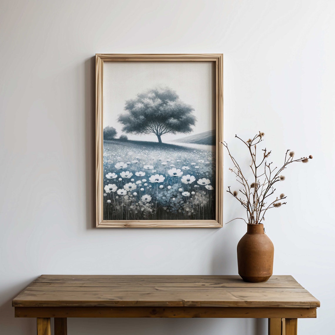 Daisy Wildflower Field with Lone Tree Sunny Landscape Poster - Image 2