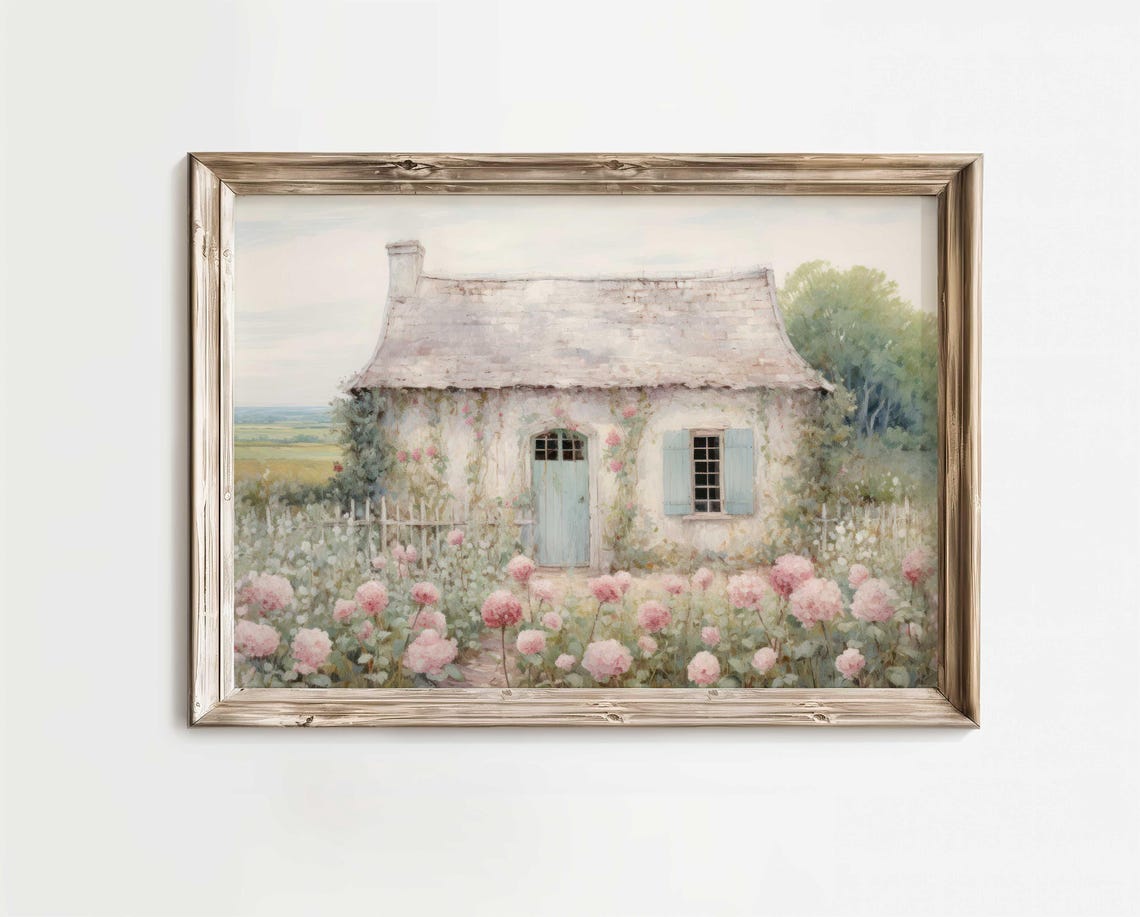 French Stone Cottage Surrounded By A Rose Garden Landscape Poster