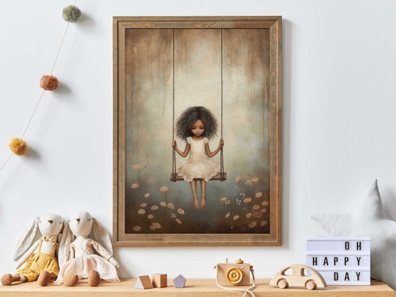 Vintage Girls Room Wall Art, Little Girl On Swing