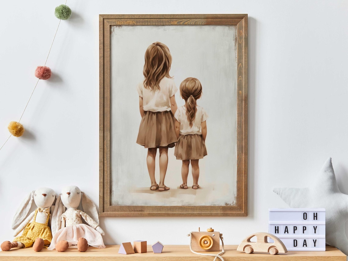 Sisterhood Vintage Art Print, Two Girls Portrait